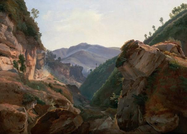 Ремон Жан Шарль Жозеф (город Париж, 1795 - 1875). Работа "Скалистый пейзаж с дорогой в Неаполь "